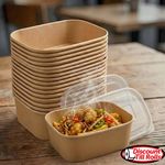 Neatly stacked SpiritPak Kraft rectangular food containers alongside clear PP lids, witha spice box demonstrating the space-saving storage design for busy takeaway kitchens.
