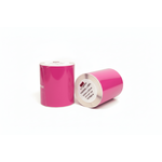 Pink Zebra thermal labels 102mm x 152mm - one roll standing upright and one laying on side showing product dimensions