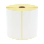 "Close-up view of 102x152mm (6x4 inch) thermal labels with perforation for easy tear-off, perfect for courier companies like DHL, UPS, and FedEx."