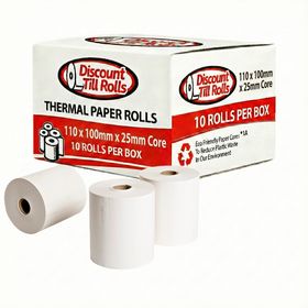 Discount Till Rolls branded box of 110x190mm thermal paper rolls, 10 rolls per box, with loose thermal rolls displayed in front.