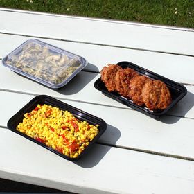 16oz microwavable container with black base and clear lid, ideal for efficient meal prep and reheating.