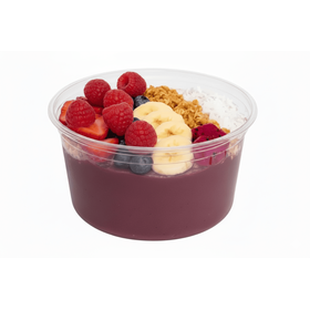 Açaí bowl displayed in a 12oz clear RPET container, showcasing layered fruit and granola for grab-and-go retailCafé-style açaí serving in recyclable deli packaging, ideal for chillers and takeaway