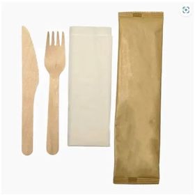 Eco-friendly 3 in 1 wooden cutlery set with fork, knife, and napkin in compostable packaging, ideal for restaurants, cafes, and catering.