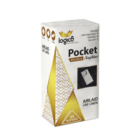 Elegant pre-folded white airlaid napkin with cutlery pocket — sustainable, linen-feel table napkin for hotel dining.