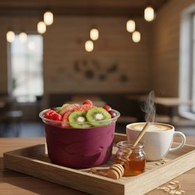 Crystal-clear 16oz deli tub with layered yogurt and fruit, perfect for grab-and-go cold foods