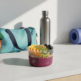 Eco-friendly 16oz RPET container with açaí, berries, and granola, showcasing sustainable cold food packaging.