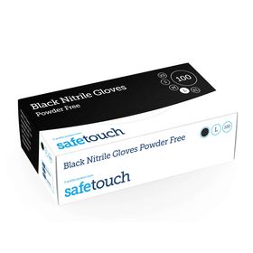 A box of 1000 black nitrile gloves with the label visible, showcasing bulk packaging