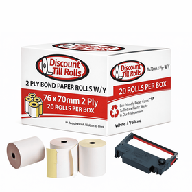 Front view of a Discount Till Rolls branded box of 76 x 70mm 2-ply bond paper rolls, with rolls and ink ribbons placed in front.