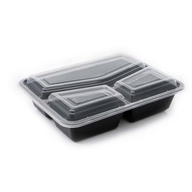 32oz Onyx 3-compartment food containers with black base and clear lid, perfect for meal prep and portion control.