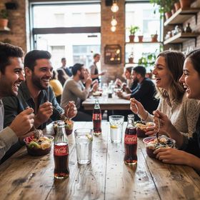 Customers enjoying 16oz Clear Round RPET açaí bowl container filled with fruit and yogurt at a busy café table.