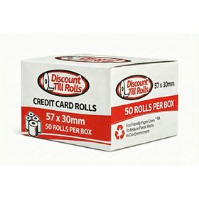 A side view of a BRANDED box of 57x30mm credit card rolls from Discount Till Rolls