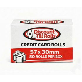 A FRONT view of a BRANDED box of 57x30mm credit card rolls from Discount Till Rolls