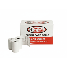 A BRANDED box of 57x30mm credit card rolls from Discount Till Rolls with 3 credit card rolls in front