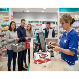 pHARMACY STAFF USING DISCOUNT TILL ROLLS 57X40 CREDIT CARD ROLL IN THIER TERMINAL