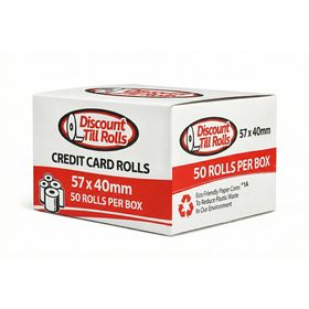 Side view of a Box of 57x40mm credit cardrolls from Discount Till Rolls 50 roll box