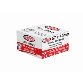 Side view of a Discount Till Rolls branded box containing credit card receipt rolls.