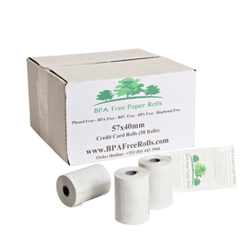 Box of 50 BPA-free, branded phenol-free credit card receipt paper rolls for eco-friendly printing.
