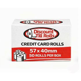 Box of 57x40mm credit cardrolls from Discount Till Rolls 50 roll box