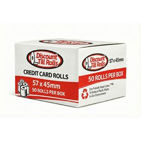 A side view of branded box of 57x45mm credit card rolls from discount till rolls