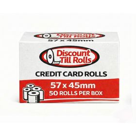 A front view of branded box of 57x45mm credit card rolls from discount till rolls