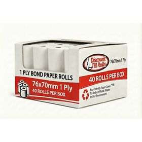 Front view of a Discount Till Rolls branded box of 76 x 70mm Front view of a Discount Till Rolls branded open box of 76 x 70mm 1-ply bond paper rolls.1-ply bond paper rolls.
