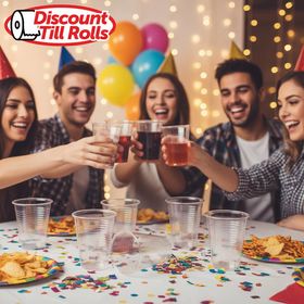 200ml clear PP plastic cups set out on a party drinks table with free delivery available in Ireland.