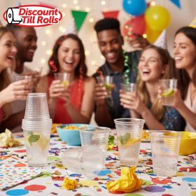 Clear 200ml catering cups filled with soft drinks at an event setup for bars and cafes