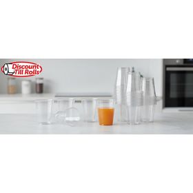 Stacked 200ml clear plastic cups for hospitality and event use.