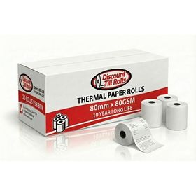 Discount Till Rolls 80x80 80GSM long-life thermal paper rolls box, BPA-free, ideal for EPOS printers in Irish retail and hospitality businesses