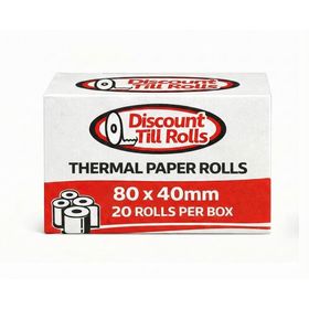 Box of 80x40mm BPA-free direct thermal paper rolls from Discount Till Rolls, trade-ready for EPOS and mobile printers in retail and hospitality.