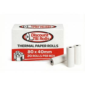 Box of 80x40mm BPA-free direct thermal paper rolls from Discount Till Rolls, trade-ready for EPOS, mobile, and portable printers in retail and hospitality
