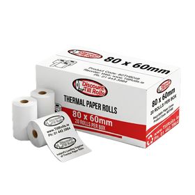 Front and side image of a Discount Till Rolls branded box of 80x60mm thermal paper rolls with tthree loose rolls sitting in fron of the box