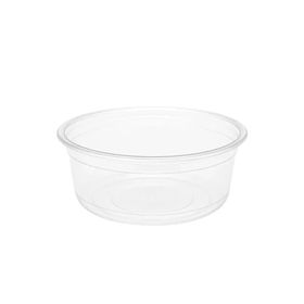 Empty 8oz round RPET deli container from the top, showing transparency for product visibility