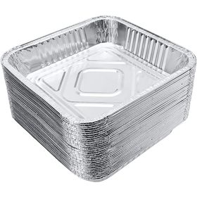 Stackable 9 x 9 foil containers with lids, designed for efficient commercial food storage and transport