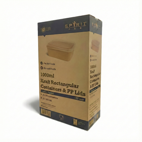 Box of 1000ml kraft rectangular takeaway food containers with clear PP lids