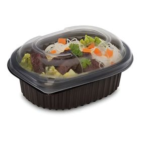 Microwave-safe 12oz black food containers for catering. Microwave-safe 12oz black food containers for catering.