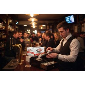 Barman using discount till rolls credit card rolls in Pub setting 1