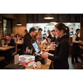 Restaurant staff using discount till rolls credit card rolls in restaurant setting 1