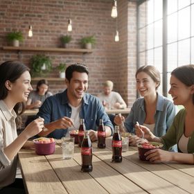 Busy café scene with customers enjoying fruit and yogurt in 16oz eco-friendly RPET açaí bowl containers