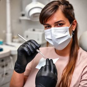 A healthcare worker wearing black nitrile gloves while examining a patient.