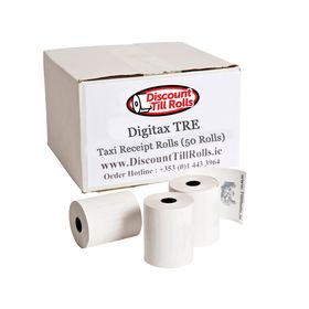 Box of 50 Digitax TRE thermal taxi rolls, made from high-quality OEM-approved paper for lasting, clear receipts. Free delivery in Ireland.