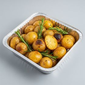 Hot meal served in a 9 x 9 foil container – ideal for food delivery and meal prep