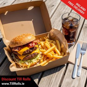 #12 Kraft Clamshell Menu Box with a cheese burger and chips and cola