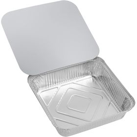 Stackable disposable lids for 9x9 inch foil trays, ideal for bulk food prep