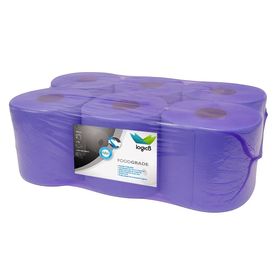 Pack of six 150m blue centrefeed rolls for commercial kitchens