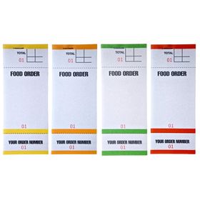 Premium 1-ply colour-coded order pads 63x152mm for restaurants, cafés, and pubs, with numbered slips and dual perforation.