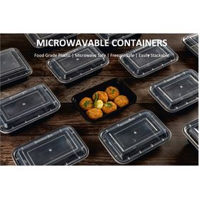 Microwave-safe 16oz container with black base and clear lid, perfect for safe and convenient reheating.