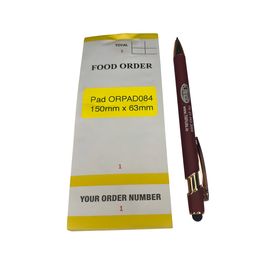 Front view of Order Pad 084 with a Dicount Till Rolls branded pen beside it.