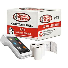A side view of a Discount Till Rolls Box with a PAX A920 PRO Terminal and 3 loose rolls in front of the box