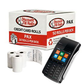 A side view of a Discount Till Rolls Box with a PAX D210 Terminal and 3 loose rolls in front of the box